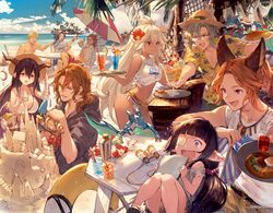  &gt;_&lt; 3girls 6+boys :d animal_ears bare_shoulders beach beach_chair bikini binoculars black_hair blonde_hair blue_eyes book brown_eyes closed_eyes cloud collarbone crazy_straw cup danua dark-skinned_female dark_skin day dragon draph drinking_straw earrings eyepatch food glasses granblue_fantasy harvin hat hawaiian_shirt helnar highres hood hoodie horns island jewelry lancelot_(granblue_fantasy) lunalu_(granblue_fantasy) medical_eyepatch minaba_hideo multiple_boys multiple_girls necklace official_art open_mouth orange_hair outdoors palm_tree parfait percival_(granblue_fantasy) pointy_ears ponytail puppet purple_eyes red_eyes red_hair sand_castle sand_sculpture shirt shorts siegfried_(granblue_fantasy) smile straw_hat sweater swimsuit tears tree tropical_drink umbrella unbuttoned unbuttoned_shirt vane_(granblue_fantasy) vyrn_(granblue_fantasy) water white_hair will_(granblue_fantasy) xd zooey_(granblue_fantasy) 