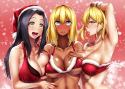  3girls :d arm_up armpits bikini black_hair blonde_hair blue_eyes blush breast_press breasts cleavage commentary dark-skinned_female dark_skin earrings fur_trim grin hat highres jewelry long_hair looking_at_viewer mole mole_under_mouth multiple_girls open_mouth original red_bikini santa_bikini santa_hat short_hair smile swimsuit symmetrical_docking tama_(tamakaka1031) teeth tongue yellow_eyes 