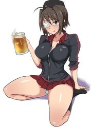  :p alcohol arm_support beer beer_mug black_hat black_jacket black_socks blue_eyes blue_panties breasts brown_hair cleavage commentary_request cup emblem eyepatch female froth garrison_cap geshiko_(girls_und_panzer) girls_und_panzer hat highres holding holding_cup jacket kuromorimine_military_uniform medium_breasts military_hat miniskirt mordeth mug panties pantyshot pleated_skirt red_skirt short_hair sitting skirt sleeves_rolled_up socks solo spilling tongue tongue_out track_jacket underwear wariza zipper_pull_tab 