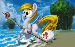  ball blonde_hair branch cast_away changeunism cutie_mark derpy_hooves equid equine female food friendship_is_magic fur grey_body grey_fur hair hasbro hi_res mammal muffin my_little_pony mythological_creature mythological_equine mythology pegasus plant sea seaside solo sport tree volleyball volleyball_(ball) water wilson_(cast_away) wings 