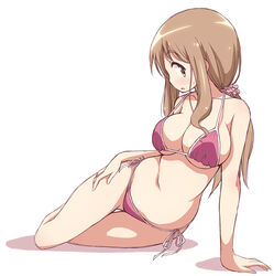  arm_support ass_visible_through_thighs bikini breasts brown_eyes cleavage commentary_request female hair_ornament hair_scrunchie hand_on_own_thigh large_breasts light_brown_hair long_hair low_ponytail matsumoto_yoriko mel_(melty_pot) navel pink_bikini profile scrunchie side-tie_bikini_bottom sidelocks simple_background sitting solo strap_gap string_bikini sweatdrop swimsuit white_background yokozuwari yuyushiki 