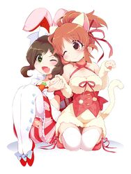  2girls ;) ;d abe_nana abe_nana_(cosplay) animal_ears animal_print bad_id bad_pixiv_id black_hair bow breasts brown_eyes brown_hair carrot cat_ears cat_tail cleavage cosplay costume_switch floral_print grey_eyes hair_ribbon hairbow holding_hands idolmaster idolmaster_cinderella_girls kemonomimi_mode large_breasts maekawa_miku maekawa_miku_(cosplay) multiple_girls oerba_yun_fang one_eye_closed open_mouth pantyhose paw_pose pom_pom_(clothes) ponytail print_pantyhose rabbit_ears rabbit_print red_footwear ribbon seiza shirt shoes side-by-side sitting skirt skirt_tug smile tail thighhighs usoneko white_pantyhose white_thighhighs zettai_ryouiki 