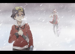  2boys adjusting_clothes adjusting_headwear backwards_hat bad_id bad_pixiv_id baseball_cap black_eyes black_hair denim ethan_(pokemon) fingerless_gloves gloves hands_in_pockets hat holding jeans letterboxed light_smile looking_back mt._silver multiple_boys pants photoshop_(medium) pokemon pokemon_gsc pokemon_rgby red_(pokemon) snow snowing standing suikka 