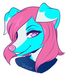  anthro blue_body blue_fur canid canine canis domestic_dog female fur hair mammal pink_hair purple_eyes smile solo taykoe vicuna_dog 