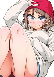  ayumu-k beanie blue_eyes commentary_request female grey_hair hand_on_headwear hat highres knees_up long_sleeves looking_at_viewer love_live! love_live!_sunshine!! red_hat shirt short_hair short_shorts shorts simple_background sleeves_past_wrists smile solo sweater watanabe_you white_background white_shirt 