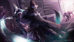  2018 ambiguous_gender anthro ass battle canid canine canis clothed clothing detailed_background digital_media_(artwork) dobermann domestic_dog duo_focus ear_piercing female feral gauged_ear group gun holding_object holding_weapon jackal jacktor jake_fenton long_ears male mammal melee_weapon mindmachine piercing pinscher ranged_weapon rela slim small_waist standing sword undercut weapon 