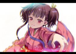  blunt_bangs blurry bow brown_hair closed_mouth commentary_request depth_of_field female foreshortening glint japanese_clothes kimono koutetsujou_no_kabaneri kumao_mofumofu letterboxed lips long_sleeves looking_at_viewer mumei_(kabaneri) outstretched_arm red_eyes sash short_twintails simple_background smile solo tareme twintails upper_body white_background wide_sleeves yellow_bow 