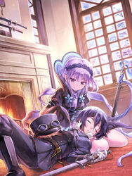  2girls belt black_footwear black_hair black_hat boots commentary_request day dutch_angle facing_viewer fire fireplace fukube gloves goggles goggles_on_headwear hair_between_eyes hairband hat indoors knees_up kogarasumaru_(tenka_hyakken) lap_pillow long_sleeves looking_at_another lying military military_uniform multiple_girls official_art on_back pointy_ears purple_eyes purple_hair purple_hairband red_carpet sheath sheathed short_hair sitting sleeping smile staff sword tenka_hyakken type_32_guntou-kou uniform unworn_hat unworn_headwear weapon white_gloves 