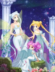  3girls amg192003 back_bow bead_bracelet beads bishoujo_senshi_sailor_moon bishoujo_senshi_sailor_moon_(first_season) blonde_hair blue_eyes bow bracelet breasts broken butterfly_wings chibi_usa cleavage column commentary_request cone_hair_bun crescent crescent_brooch crescent_facial_mark double_bun dress earrings facial_mark family flower forehead_mark grandmother_and_granddaughter hair_bun highres insect_wings ivy jewelry long_dress long_hair medium_breasts mother_and_daughter multiple_girls petals pillar pink_hair plant princess_serenity queen_serenity red_eyes skirt_hold sky small_breasts small_lady_serenity star_(sky) starry_sky strapless strapless_dress time_paradox tsukino_usagi twintails very_long_hair white_dress white_hair wings 