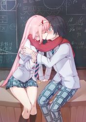  1boy black_hair blue_eyes blush candy chalkboard chenaze57 closed_eyes clothes_pull commentary_request couple darling_in_the_franxx female food green_eyes grey_jacket hair_ornament hairband highres hiro_(darling_in_the_franxx) holding_another&#039;s_arm holding_hands horns jacket jacket_pull kissing long_hair long_sleeves looking_at_another necktie oni_horns open_clothes open_jacket pants pink_hair plaid plaid_pants plaid_skirt red_horns red_scarf scarf school_uniform shared_clothes shared_scarf shirt sitting sitting_on_table skirt socks straight striped striped_necktie thighs white_hairband white_shirt zero_two_(darling_in_the_franxx) 