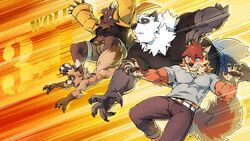  16:9 2018 abs anthro bear biceps bugbear canid canine clothed clothing fox fur giant_panda group hi_res jacketbear jacketbear_(character) kemono male mammal muscular procyonid raccoon simple_background unknown_character white_background widescreen 