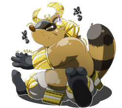  2014 anthro belly bottomwear canid canine clothing debirobu humanoid_hands japanese_text male mammal navel overweight overweight_anthro overweight_male pants raccoon_dog sengoku_puzzle simple_background solo tanuki text tokugawa_ieyasu white_background 