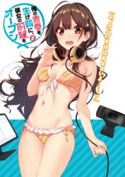  ahoge banned_artist bikini breasts brown_eyes brown_hair cleavage cowboy_shot diagonal_stripes eyebrows_visible_through_hair flower front-tie_bikini front-tie_top hair_flower hair_ornament hand_on_headphones headphones headphones_around_neck highres logitech long_hair medium_breasts navel non-web_source novel_illustration open_mouth orange_bikini ore_no_seishun_wo_ikenie_ni_kanojo_no_maegami_wo_open sennheiser solo striped suisen swimsuit wavy_mouth webcam yaegashi_sakura 