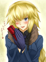  akashiro_sen alternate_costume black_shirt blonde_hair blush box braid commentary_request contemporary fate/apocrypha fate_(series) female gloves jacket jeanne_d&#039;arc_(fate) jeanne_d&#039;arc_(ruler)_(fate) long_hair looking_at_viewer necktie one_eye_closed purple_eyes shirt single_braid smile solo translation_request 