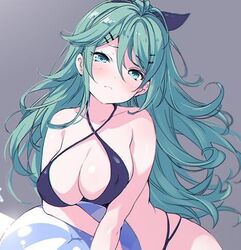  antenna_hair arm_support ball bare_arms bare_shoulders beachball black_ribbon blush breasts chiyingzai closed_mouth commentary covered_nipples criss-cross_halter female frown green_hair grey_background hair_between_eyes hair_ornament hair_ribbon hairclip halterneck head_tilt kantai_collection large_breasts long_hair long_sleeves looking_at_viewer lowres ribbon simple_background skindentation solo sweat tsurime very_long_hair yamakaze_(kancolle) 