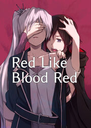  2girls belt black_cape brown_hair cape collarbone commentary_request dress fangs grey_eyes grey_hair hair_between_eyes hair_ornament hand_on_another&#039;s_head hand_over_another&#039;s_eyes long_hair multiple_girls open_mouth red_background ruby_rose rwby short_hair side_ponytail sleeveless sleeveless_dress tsuta_no_ha vampire very_long_hair weiss_schnee white_dress 