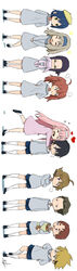  5boys 5girls ahoge arms_behind_back bag beret black_footwear black_hair blue_eyes blue_hair blue_hairband blue_shorts blush bread brown_hair bunny closed_eyes crossed_arms dress epeulu_(ate5424) eyebrows_visible_through_hair fringe futoshi_(darling_in_the_franxx) glasses gorou_(darling_in_the_franxx) green_eyes grey_dress grey_shirt hair_ornament hairband hand_on_hip hat heart hiro_(darling_in_the_franxx) holding_bag holding_stuffed_animal holding_stuffed_toy horns ichigo_(darling_in_the_franxx) ikuno_(darling_in_the_franxx) kokoro_(darling_in_the_franxx) light_brown_hair long_hair looking_at_another miku_(darling_in_the_franxx) mitsuru_(darling_in_the_franxx) multiple_boys multiple_girls oni_horns pink_dress pink_hair purple_eyes purple_hair red_horns shirt shoes short_hair shorts signature socks stuffed_animal stuffed_toy white_hairband white_legwear yellow_eyes yellow_hat zero_two_(darling_in_the_franxx) zorome_(darling_in_the_franxx) 