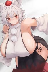  absurdres animal_ears breasts detached_sleeves dress female g-string hanging_breasts hat highres hip_vent huge_breasts inubashiri_momiji leaning_forward looking_at_viewer messy_hair moriforest1040 multicolored_dress no_bra pom_pom_(clothes) red_eyes short_hair sweat thong tokin_hat touhou white_hair wolf_ears wolf_girl 