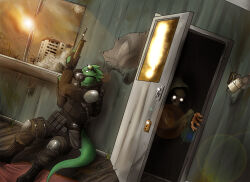  ambiguous_gender ambiguous_humanoid anthro black_boots black_bottomwear black_clothing black_footwear black_pants black_topwear boots bottomwear clothed clothing door dragon duo empty_eyes eyewear eyewear_on_head footwear gas_mask goggles goggles_on_head green_body grey_tail gun holding_gun holding_object holding_ranged_weapon holding_weapon hood humanoid inside male male_anthro mask mythological_creature mythological_scalie mythology pants post-apocalyptic ranged_weapon s.t.a.l.k.e.r. scalie shoes sitting solaxe_(artist) tail topwear varenvel weapon wearing_mask window yellow_eyes 