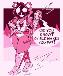  2025 5_fingers aliasing anthro armor bear belt big_eyes binary_drawing breasts cc-by-nc-nd clothing creative_commons detailed_background dialogue digital_drawing_(artwork) digital_media_(artwork) empty_eyes english_text epic_games eye_scar facial_scar featureless_breasts featureless_crotch female fingers flat_colors fortnite front_view fur gauntlets gloves hand_on_hip handwear happy hi_res holding_jar holding_object leg_armor leg_scar lizardfungus mammal medium_breasts mostly_nude open_mouth open_smile outline outside pink_monochrome plant raven_team_leader scar shadow_face shield_potion smile solo speech_bubble text thick_thighs thigh_scar three-quarter_view tree walking white_outline wide_hips 