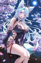  animal_ear_fluff animal_ears black_kimono black_sleeves blue_eyes blue_hair blue_tail breasts cherry_blossom_print cherry_blossoms cleavage clothing_cutout female floral_print full_moon gradient_tail highres hip_vent indie_virtual_youtuber japanese_clothes kimono large_breasts light_blush long_hair looking_at_viewer minoriminoru0 moon multicolored_hair multicolored_tail navel_cutout open_mouth pink_hair pink_tail silvervale silvervale_(sakura_goddess) sitting solo tail virtual_youtuber wolf_ears wolf_girl wolf_tail 