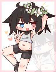  :d arm_up bare_arms bare_shoulders bike_shorts black_hair black_shoes black_shorts blue_eyes blush border chibi closed_mouth crop_top empty_eyes female flower hair_between_eyes hair_flower hair_ornament hana_kazari heart heterochromia highres multiple_views navel original pink_border red_eyes shoes shorts smile v white_background white_flower zoom_layer 
