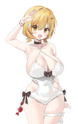  absurdres black_choker blonde_hair blush breasts brown_eyes choker cleavage covered_navel crab criss-cross_halter don_quixote_(project_moon) female flower gogoco hair_flower hair_ornament halterneck highres hip_vent large_breasts leg_ribbon limbus_company looking_at_viewer oerba_yun_fang open_mouth project_moon ribbon short_hair short_twintails simple_background skin_fang skindentation solo swimsuit thigh_ribbon twintails white_background white_flower white_ribbon 