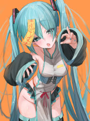  :o aqua_corset aqua_eyes aqua_hair aqua_nails aqua_trim bare_shoulders black_boots black_skirt black_sleeves black_thighhighs blush boots breasts collarbone commentary corset cowboy_shot detached_sleeves female groin hair_between_eyes hair_tie hatsune_miku head_tilt highres jiangshi kanimiso_uni leaning_forward long_hair looking_at_viewer microskirt naked_tabard no_panties ofuda ofuda_on_head open_mouth orange_background orange_ribbon outstretched_arms pleated_skirt reaching reaching_towards_viewer ribbon shirt skirt sleeves_past_wrists small_breasts solo tabard taut_clothes taut_shirt thigh_boots thighhighs twintails very_long_hair vocaloid waist_ribbon white_shirt white_tabard zombie_pose 