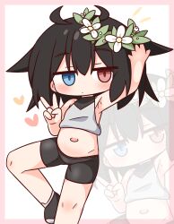  arm_up bare_arms bare_shoulders bike_shorts black_hair black_shoes black_shorts blue_eyes blush border chibi closed_mouth crop_top empty_eyes female flower hair_between_eyes hair_flower hair_ornament hana_kazari heart heterochromia highres jitome multiple_views navel original pink_border red_eyes shoes shorts v white_background white_flower zoom_layer 