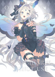  :3 absurdres argyle_background arm_belt arm_warmers belt black_arm_warmers black_belt black_bow black_leotard black_sleeves blue_bow blue_eyes blue_flower blue_rose blue_wings bow breasts brooch bug butterfly butterfly_girl butterfly_wings collar covered_navel cross-laced_clothes cross-laced_leotard detached_sleeves facial_mark fairy flower flower_brooch foot_out_of_frame forehead forehead_mark frilled_collar frilled_leotard frilled_sleeves frilled_thighhighs frills fur_arm_warmers garter_straps gradient_wings hair_flower hair_intakes hair_ornament hairbow highres insect_wings jewelry lace-trimmed_thighhighs lace_trim leotard long_hair looking_at_viewer mark_under_both_eyes medium_breasts multicolored_wings oerba_yun_fang open_mouth original pearl_trim pink_wings rose short_eyebrows star_(symbol) star_facial_mark strapless strapless_leotard tacfigure thick_eyebrows thigh_belt thigh_strap thighhighs very_long_hair watermark white_background white_hair wings 