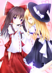  2girls adapted_costume black_hat black_skirt black_vest blonde_hair blush bow braid brown_hair commentary_request detached_sleeves frilled_bow frilled_hair_tubes frills furomaaju_(fromage) hair_tubes hairbow hakurei_reimu hat hat_bow highres hip_vent holding_hands interlocked_fingers kirisame_marisa long_hair multiple_girls open_mouth pink_eyes red_bow red_skirt ribbon-trimmed_sleeves ribbon_trim side_braid single_braid skirt skirt_set smile touhou vest white_bow witch_hat 