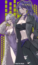  2girls absurdres acheron_(honkai:_star_rail) ahoge alternate_costume alternate_hairstyle bandeau bare_shoulders belt black_coat black_pants black_swan_(honkai:_star_rail) breasts cleavage coat collarbone covered_navel dress hair_intakes hand_in_own_hair highres honkai:_star_rail honkai_(series) long_hair long_sleeves looking_at_viewer midriff multiple_girls navel nocta_felis open_clothes open_coat pants ponytail purple_belt purple_dress purple_eyes purple_hair sleeveless sleeveless_dress smile stomach strapless tube_top very_long_hair 