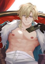  abs ace_(playing_card) ace_of_spades aventurine_(honkai:_star_rail) aventurine_(star_rail_live_2024)_(honkai:_star_rail) bara black_gloves blonde_hair card closed_mouth earrings fur_trim gloves hair_between_eyes highres holding holding_card honkai:_star_rail honkai_(series) jewelry kirene88 looking_at_viewer male_focus muscular muscular_male neck_tattoo nipples pants playing_card purple_eyes smile spade_(shape) stomach tattoo white_pants 