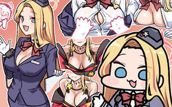  1boy black_hat black_skirt blonde_hair blue_archive blue_eyes blush bow bowtie breasts buttons cleavage doodle_sensei_(blue_archive) female garrison_cap gloves halo hat jazz_jack large_breasts long_hair long_sleeves multicolored_hair multiple_views oerba_yun_fang open_mouth pencil_skirt pina_(blue_archive) pina_(guide)_(blue_archive) red_bow red_bowtie red_hair sensei_(blue_archive) shirt skin_fang skirt smile tour_guide walkie-talkie white_gloves white_shirt 