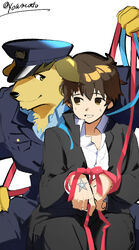  anthro bound bow_ribbon canid canine canis clothing domestic_dog duo fur human lifewonders male male/male mammal nobumichi_(tas) police police_hat police_officer police_uniform protagonist_(tas) ribbons tokyo_afterschool_summoners twink_protagonist_(tas) uniform yellow_body yellow_fur youmoxto 