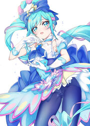  absurdres back_bow blue_bow blue_dress blue_eyes blue_hair blue_pantyhose blue_ribbon bow brooch clothing_cutout commentary cowboy_shot crotch_seam cure_spicy delicious_party_precure dress fuwa_kokone gloves hairbow heart heart_brooch highres huge_bow jewelry long_hair magical_girl multicolored_hair niko_(tama) open_mouth panties panties_under_pantyhose pantyhose pink_hair precure puffy_short_sleeves puffy_sleeves ribbon rope short_dress short_sleeves side_ponytail simple_background smile streaked_hair underwear very_long_hair white_background white_gloves 