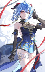  artist_name bare_shoulders bell black_dress black_gloves black_sleeves blue_dress blue_hair breasts commentary_request cowboy_shot detached_sleeves dress female ganyu_(genshin_impact) ganyu_(twilight_blossom)_(genshin_impact) genshin_impact gloves goat_horns gradient_dress hand_up highres horns looking_at_viewer medium_hair neck_bell nogi_(nokisaki) official_alternate_costume parted_lips red_eyes sleeveless sleeveless_dress solo standing 