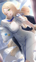  ayumu_(blue_archive) black_wings blonde_hair blue_archive blue_necktie breasts cleavage_cutout clothing_cutout covered_navel covered_nipples diamond_cutout dress feathered_wings female flying_paper forehead_jewel halo highres keyfanjun large_breasts long_hair necktie one_eye_closed open_mouth opening_door paper paper_stack short_necktie white_dress wings yellow_eyes yellow_halo 