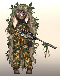  anthro army_uniform boots brown_boots brown_clothing brown_footwear cammo camo clothing elronya female footwear freckles ghillie_suit gun hair hi_res holding_gun holding_object holding_ranged_weapon holding_rifle holding_weapon lagomorph leporid mammal rabbit ranged_weapon rifle ronya short_tail sniper solo standing suvi_(elronya) tail weapon 