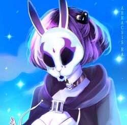  abracsis_ra animal_ears blue_sky breasts buckle choker cleavage colored_skin female heart heart-shaped_buckle highres mask neon_violet neon_white purple_eyes purple_hair rabbit_ears rabbit_mask short_hair sky white_skin 