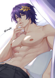  1boy abs bara black_pants dr._ratio_(honkai:_star_rail) hair_between_eyes highres honkai:_star_rail honkai_(series) kirene88 male_focus muscular muscular_male navel nipples pants pillow purple_hair short_hair solo stomach yellow_eyes 