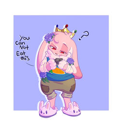  1:1 2022 anthro biped blue_background blue_clothing blue_shirt blue_tank_top blue_topwear border bottomwear brown_bottomwear brown_clothing brown_shorts bunny_slippers cakiepaws carrot cel_shading chest_tuft clothed clothed_anthro clothed_male clothing cobblestone confusion crown dialogue digital_drawing_(artwork) digital_media_(artwork) digitigrade dipstick_ears ear_markings english_text eyebrows femboy flower fluffy food footwear fur gem gold_crown handpaw head_tuft headgear hi_res holding_object lagomorph leaf leporid long_sleeves looking_down male male_anthro mammal microsoft minecraft minecraft_block mojang multicolored_ears origins_(minecraft_mod) origins_smp patch_(fabric) paws pink_body pink_fur pink_slippers plant print_clothing print_shirt print_tank_top print_topwear purple_flower question_mark rabbit raised_eyebrow red_eyes semi-anthro shaded shirt shoes shorts simple_background slippers solo standing tank_top technoblade text topwear tuft vegetable white_border white_clothing white_shirt white_topwear xbox_game_studios 