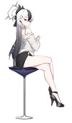  absurdres aton_(user_kufr5245) bare_legs black_dress black_hair blue_archive crossed_legs dress ear_piercing female from_side gradient_hair hair_behind_ear hair_between_eyes hair_ribbon halo high_heels highres horns jacket kayoko_(blue_archive) kayoko_(dress)_(blue_archive) long_hair long_sleeves low_wings multicolored_hair off_shoulder piercing red_eyes ribbon sitting solo spaghetti_strap stool very_long_hair white_hair white_jacket wings 