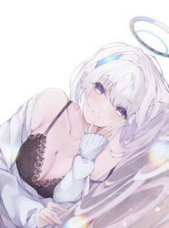  absurdres alternate_costume bed_sheet black_bra blue_archive blush bra breasts cleavage female grey_hair halo headgear highres hojiro_same large_breasts long_hair looking_at_viewer loose_clothes lying noa_(blue_archive) on_side purple_eyes smile solo strap_slip sweater underwear upper_body white_sweater 