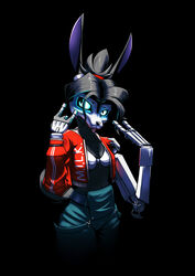  absurd_res anthro black_background black_body black_fur blue_eyes bra clothing cybernetic_arm cybernetic_face cybernetic_limb cybernetics cyborg devil_horns_(gesture) domestic_cat felid feline felis female fur gatonejo gesture glowing glowing_eyes hair hand_gesture hi_res hybrid jacket lagomorph leporid machine mammal moloko_(gatonejo) ponytail rabbit simple_background solo tongue tongue_out topwear underwear 