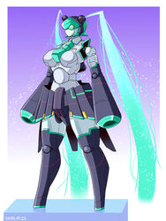  dated energy_hair female full_body gradient_background hatsune_miku highres humanoid_robot itini-sanshi long_hair looking_afar mecha mechanization purple_background robot solo sparkle standing star_(symbol) very_long_hair vocaloid 