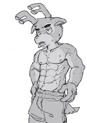  abs ahseo animal_crossing anthro bam_(animal_crossing) biceps bodily_fluids clothed clothing deer greyscale hi_res male mammal monochrome muscular muscular_male nintendo pecs simple_background solo sweat tongue tongue_out topless topless_male white_background 