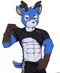  abs ahseo animal_crossing anthro bam_(animal_crossing) biceps blush clothed clothing clothing_lift deer hi_res male mammal muscular muscular_male nintendo pecs seductive shirt shirt_lift simple_background solo topwear v-cut white_background 