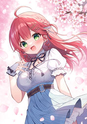  :d ahoge belt black_belt black_ribbon blue_sky blush braid branch breasts bridal_gauntlets commentary earrings female flower flower_earrings green_eyes hair_between_eyes hand_up high-waist_skirt highres hololive jewelry long_hair looking_at_viewer mauve medium_breasts neck_ribbon official_alternate_costume pink_flower pleated_skirt puffy_short_sleeves puffy_sleeves red_hair ribbon sakura_miko sakura_miko_(street) shirt short_sleeves skirt sky smile solo striped_clothes striped_skirt vertical-striped_clothes vertical-striped_skirt virtual_youtuber white_shirt 