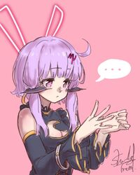  ... ahoge animal_ears bangle bare_shoulders black_dress black_sleeves bracelet breasts cleavage cleavage_cutout closed_mouth clothing_cutout crescent_cutout detached_sleeves dress fake_animal_ears female hair_ornament hands_up highres jewelry light_blush long_hair long_sleeves neon_lights pink_background pink_eyes purple_hair rabbit_ears shade_of_trees short_hair_with_long_locks sidelocks signature simple_background sleeveless sleeveless_dress solo spoken_ellipsis upper_body vocaloid voiceroid yuzuki_yukari yuzuki_yukari_(mu) 